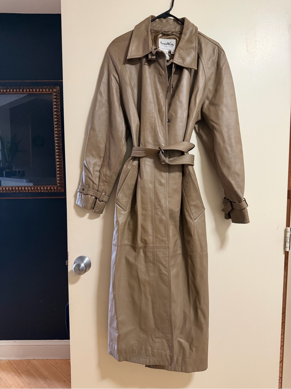 Pamela McCoy Taupe Leather Belted Trench Coat